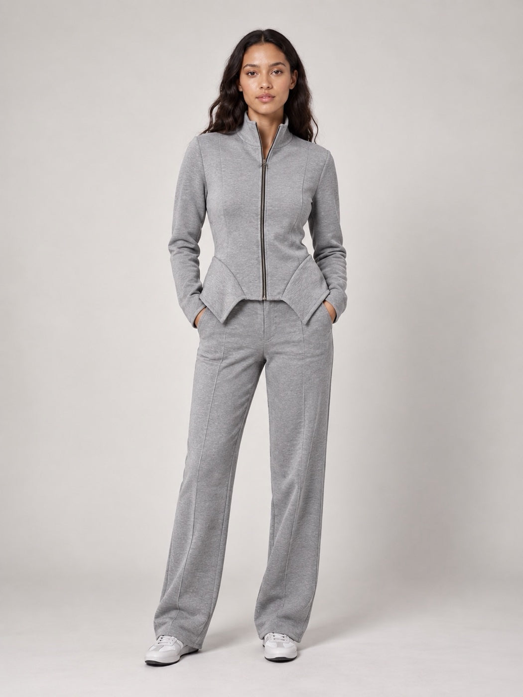 Sculpted Peplum Tracksuit Set - Grey