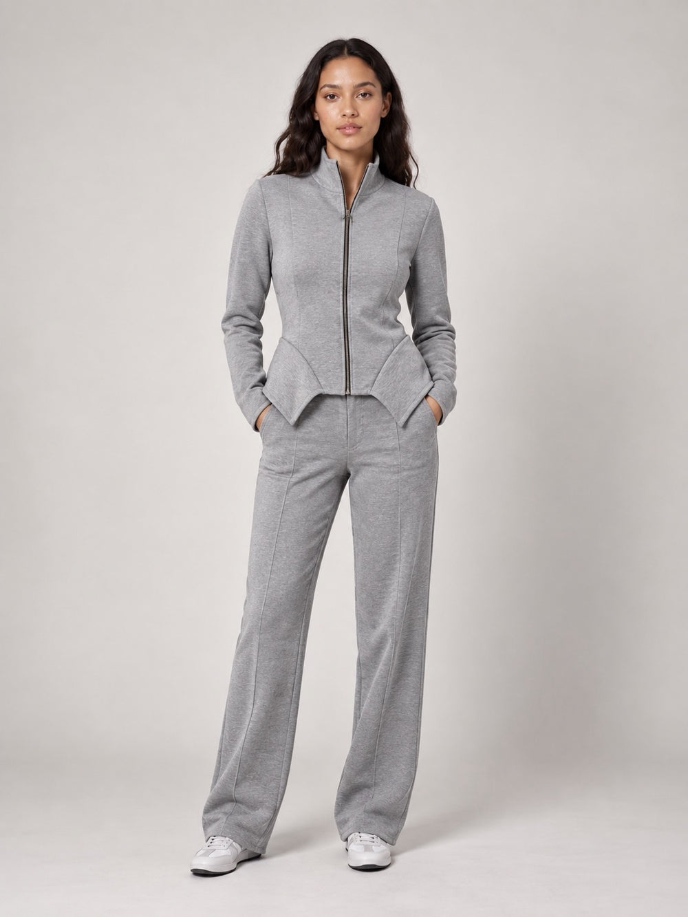 Sculpted Peplum Tracksuit Set - Grey