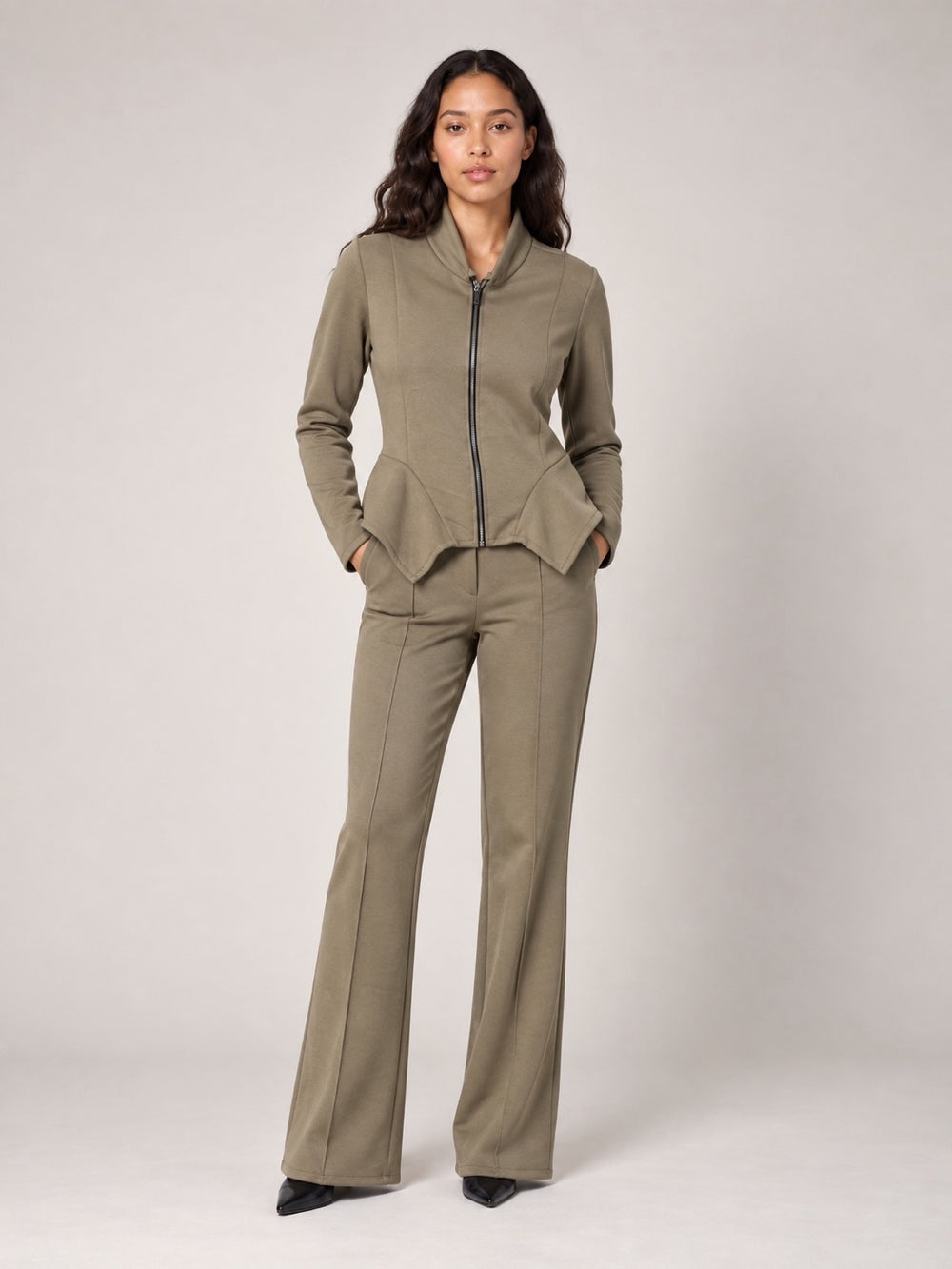 Sculpted Peplum Tracksuit Set - Taupe