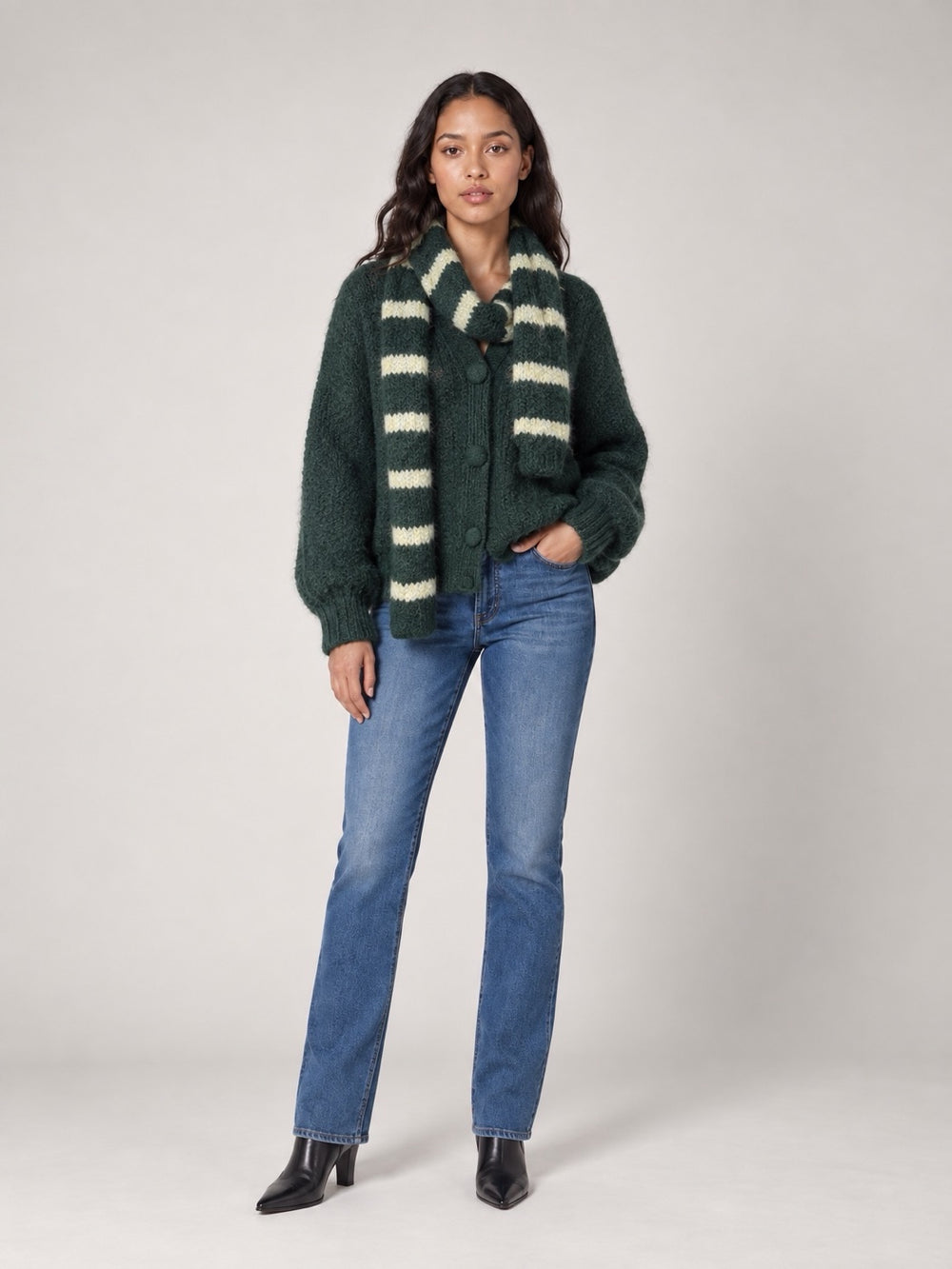 Soft Button-Front Cardigan and scarf - Fern Green