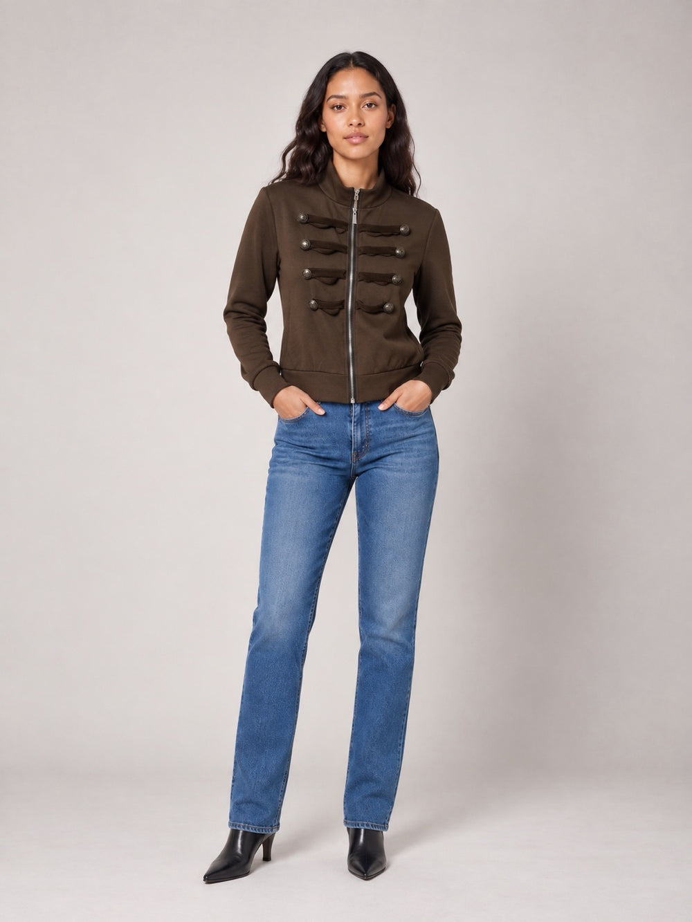 Military-Inspired Button Jacket - Chocolate