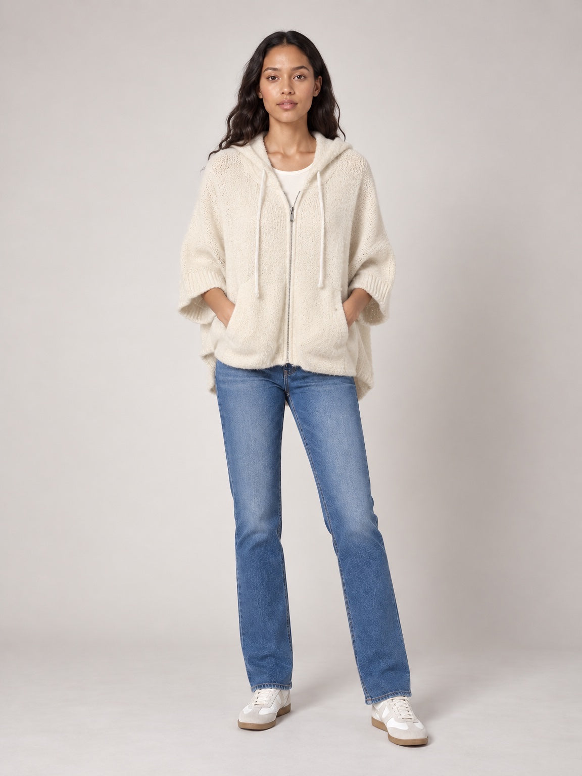Short Sleeve Zip Hoodie - Cream