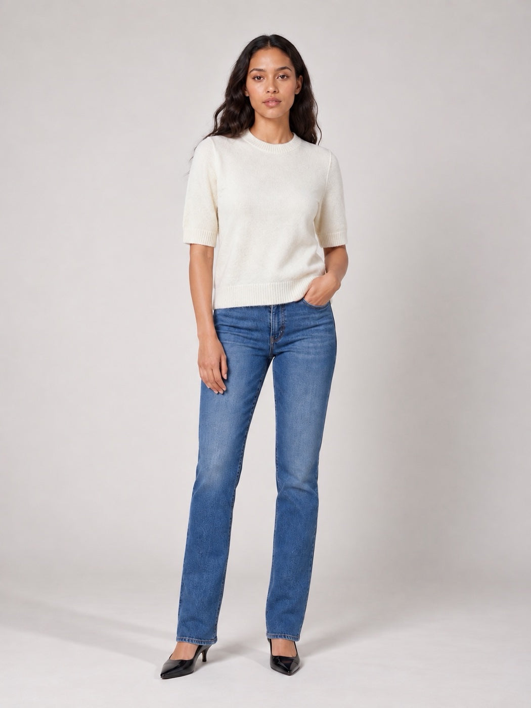 Textured Knit Short Sleeve Jumper - Cream